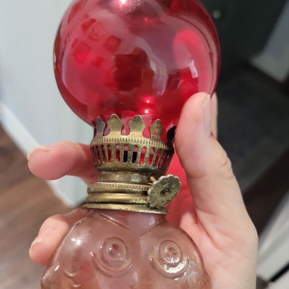 Vtg Mini Oil Lamp Cranberry glass globe with fish bottom RARE Flaw Old World - Picture 12 of 12